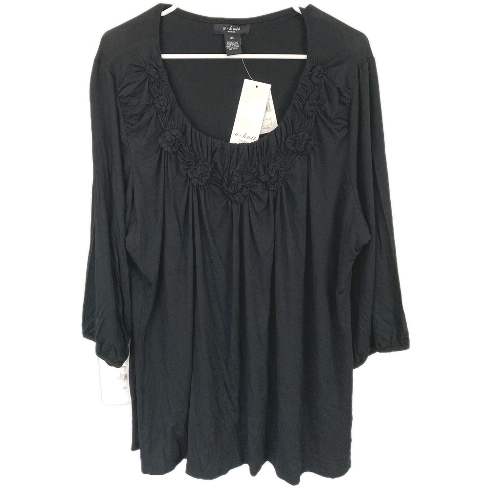 Design History U-knit Top Women 3X Black Scoop Neck Rosette 3/4 Sleeve Tunic NWT